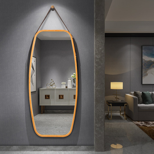 Bamboo Framed Wall Mirror with Adjustable Leather Hanging Strap