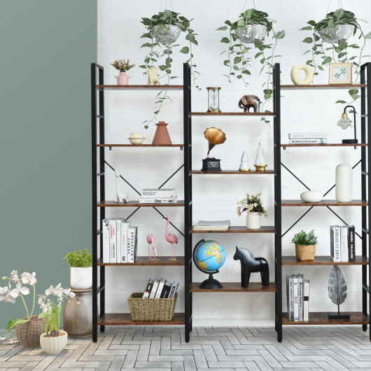 Industrial Triple Wide 5 Tier Bookshelf with Open Shelves