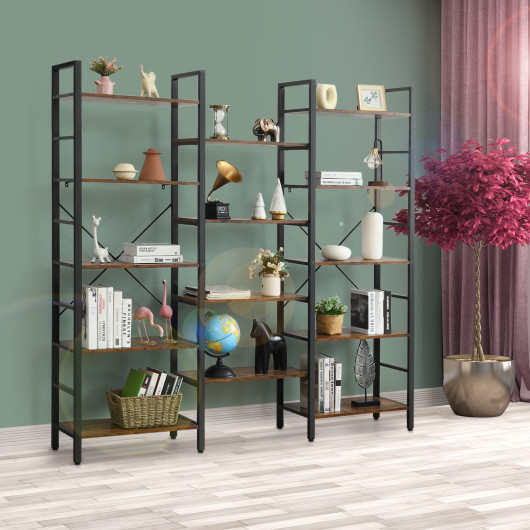 Industrial Triple Wide 5 Tier Bookshelf with Open Shelves