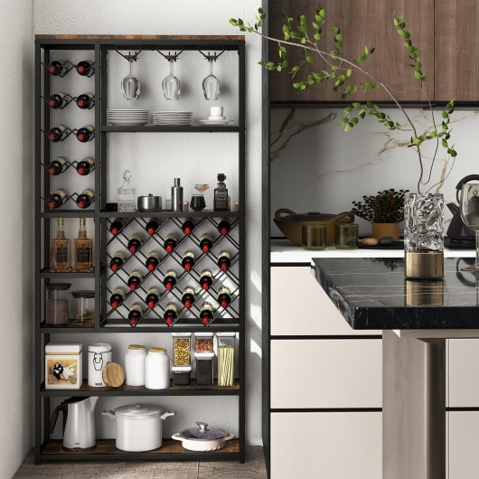 Industrial Wine Rack with Glass Holders and 6 Storage Shelves