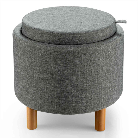 Round Fabric Storage Ottoman with Tray and Non-Slip Pads
