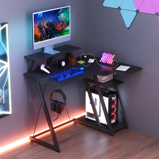 L Shaped Gaming Desk with Storage, Outlets, and USB Ports