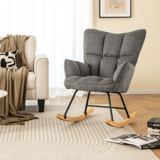 Linen Rocking Chair with High Backrest and Padded Armrests