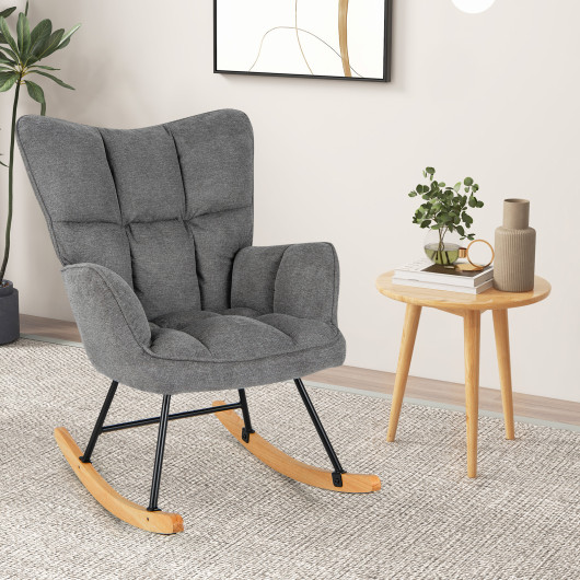 Linen Rocking Chair with High Backrest and Padded Armrests