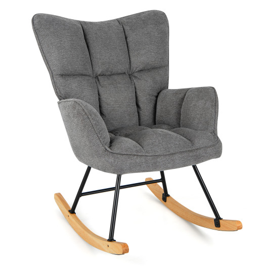 Linen Rocking Chair with High Backrest and Padded Armrests