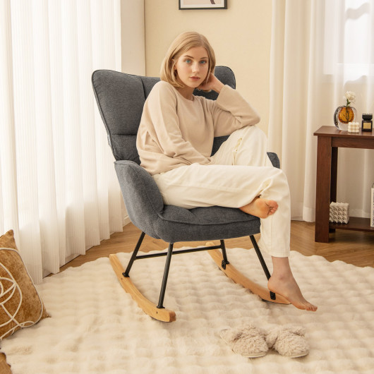 Linen Rocking Chair with High Backrest and Padded Armrests