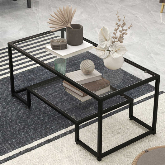 Modern 2-Tier Glass Coffee Table with Steel Frame