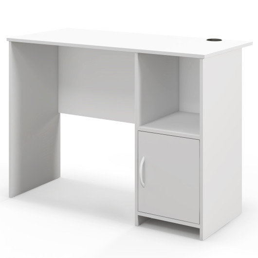 Modern White Computer Desk with Storage Cabinet and Open Shelf