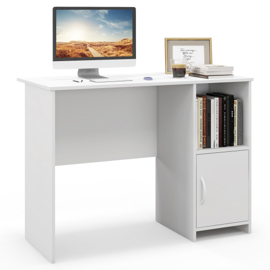 Modern White Computer Desk with Storage Cabinet and Open Shelf