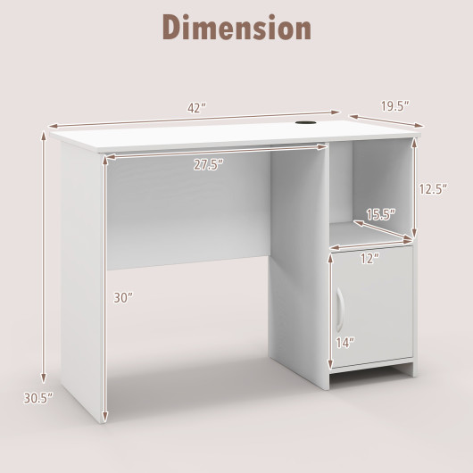Modern White Computer Desk with Storage Cabinet and Open Shelf