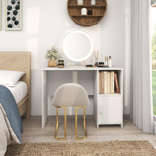 Modern White Computer Desk with Storage Cabinet and Open Shelf
