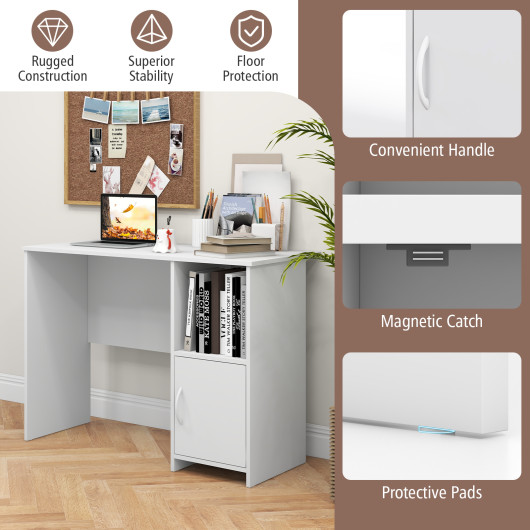 Modern White Computer Desk with Storage Cabinet and Open Shelf