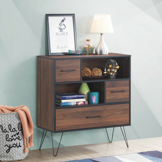 Walnut Storage Cabinet with Drawer, Shelves, and Metal Legs