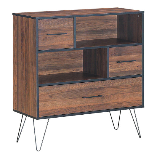 Walnut Storage Cabinet with Drawer, Shelves, and Metal Legs