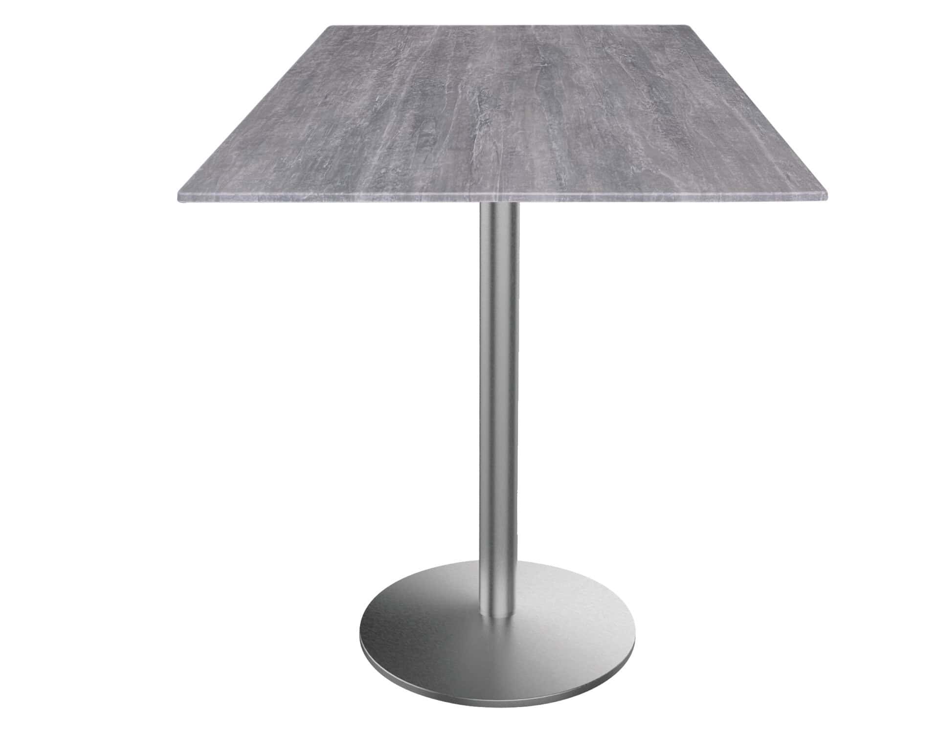 42-inch tall indoor/outdoor table with 36 x 36-inch diameter greystone square top, stainless steel base, and 22-inch diameter foot