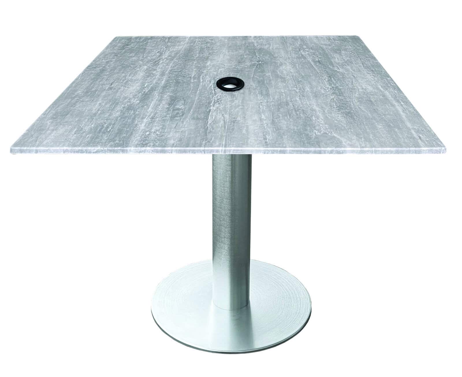 30-inch tall indoor/outdoor table with 36 x 36-inch diameter greystone square top with umbrella hole, brushed aluminum base, and 18-inch diameter foot