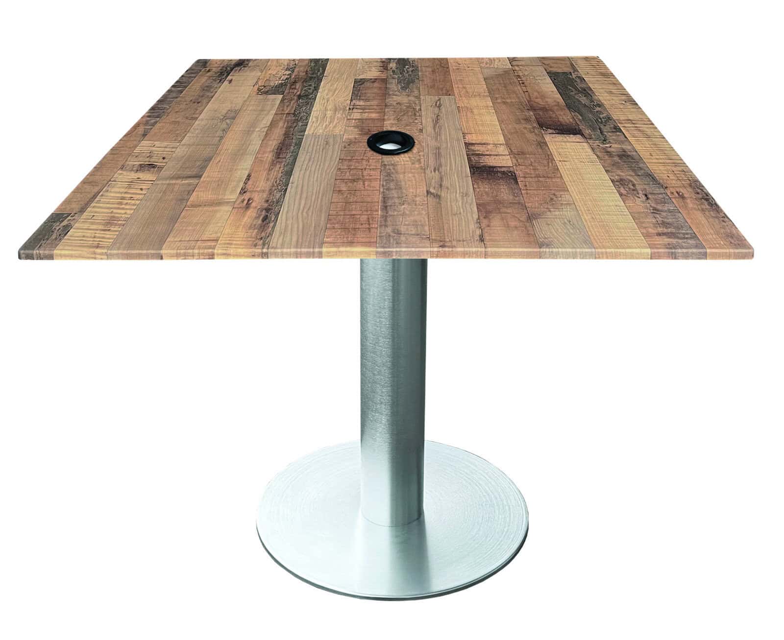 30-inch tall indoor/outdoor table with 32 x 32-inch diameter rustic square top with umbrella hole, brushed aluminum base, and 18-inch diameter foot