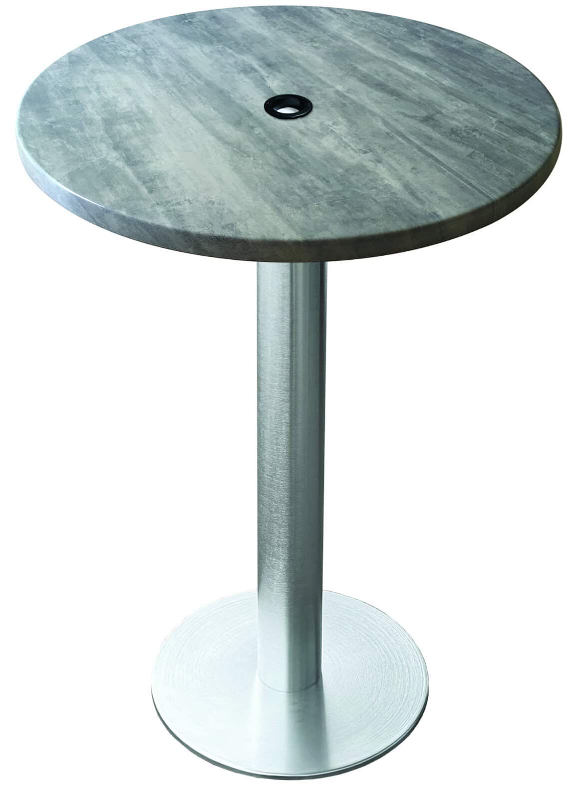 36-inch tall indoor/outdoor table with 36-inch diameter greystone round top with umbrella hole, brushed aluminum base, and 18-inch diameter foot