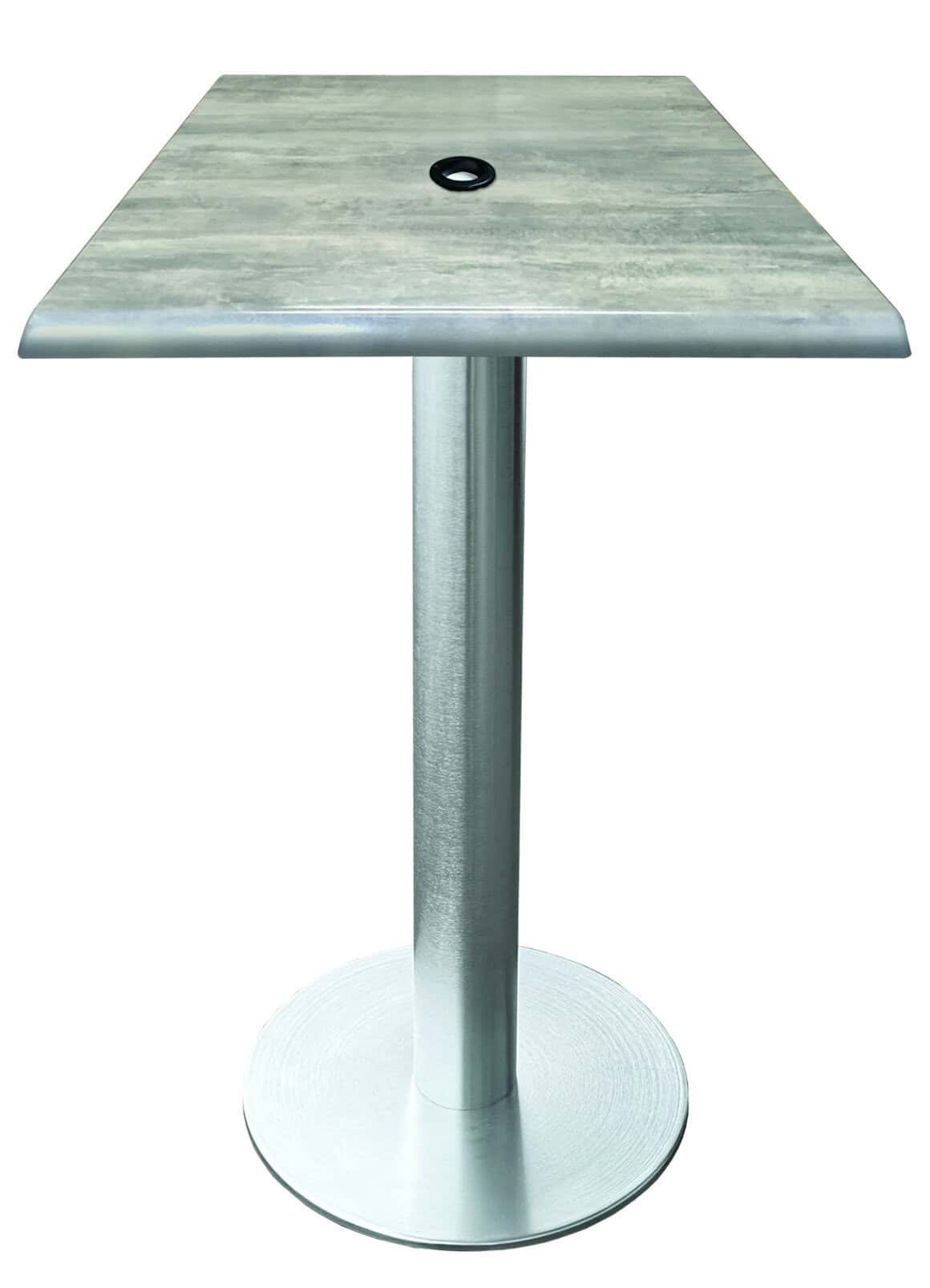 42-inch tall indoor/outdoor table with 30 x 30-inch diameter greystone square top with umbrella hole, brushed aluminum base, and 18-inch diameter foot