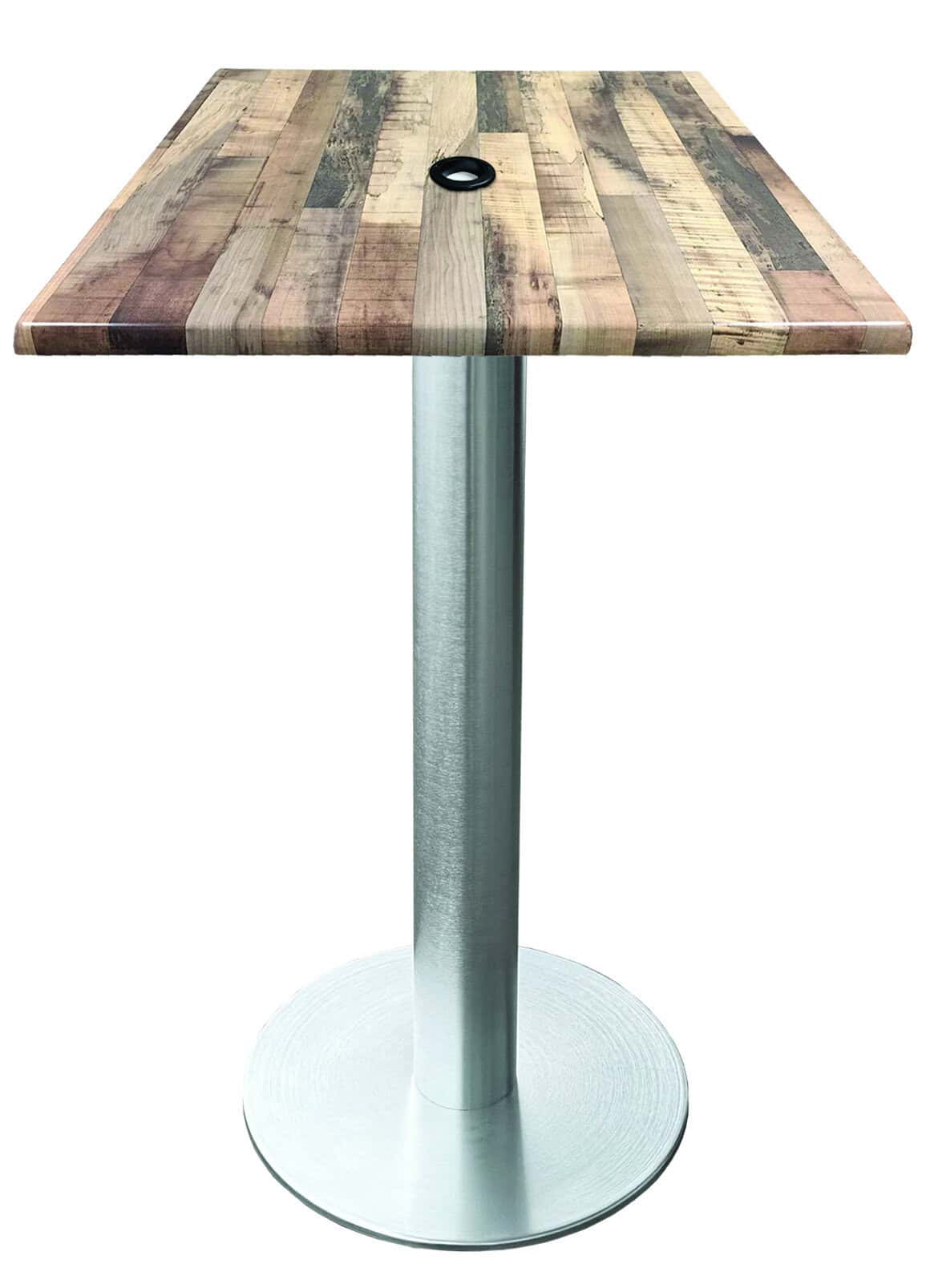 36-inch tall indoor/outdoor table with 36 x 36-inch diameter rustic square top with umbrella hole, brushed aluminum base, and 18-inch diameter foot