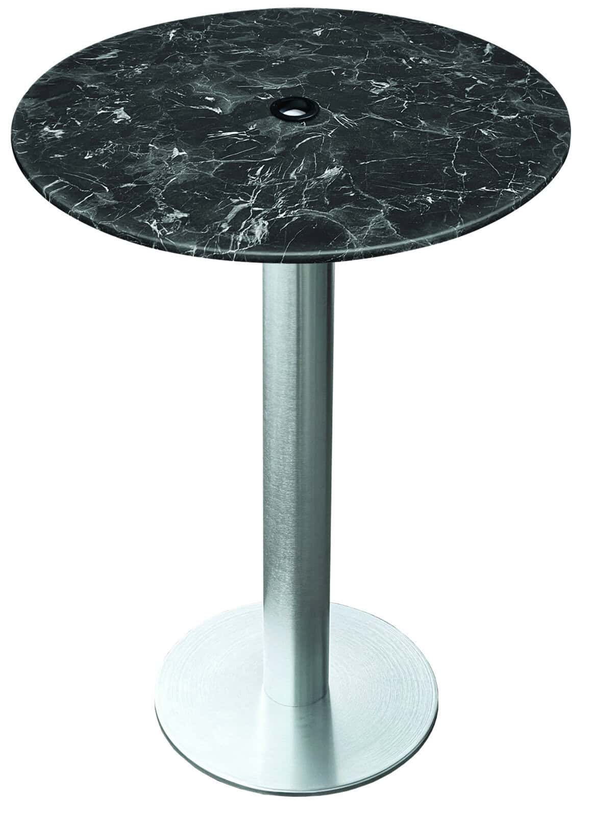 42-inch tall indoor/outdoor table with 32-inch diameter black marble round top with umbrella hole, brushed aluminum base, and 18-inch diameter foot