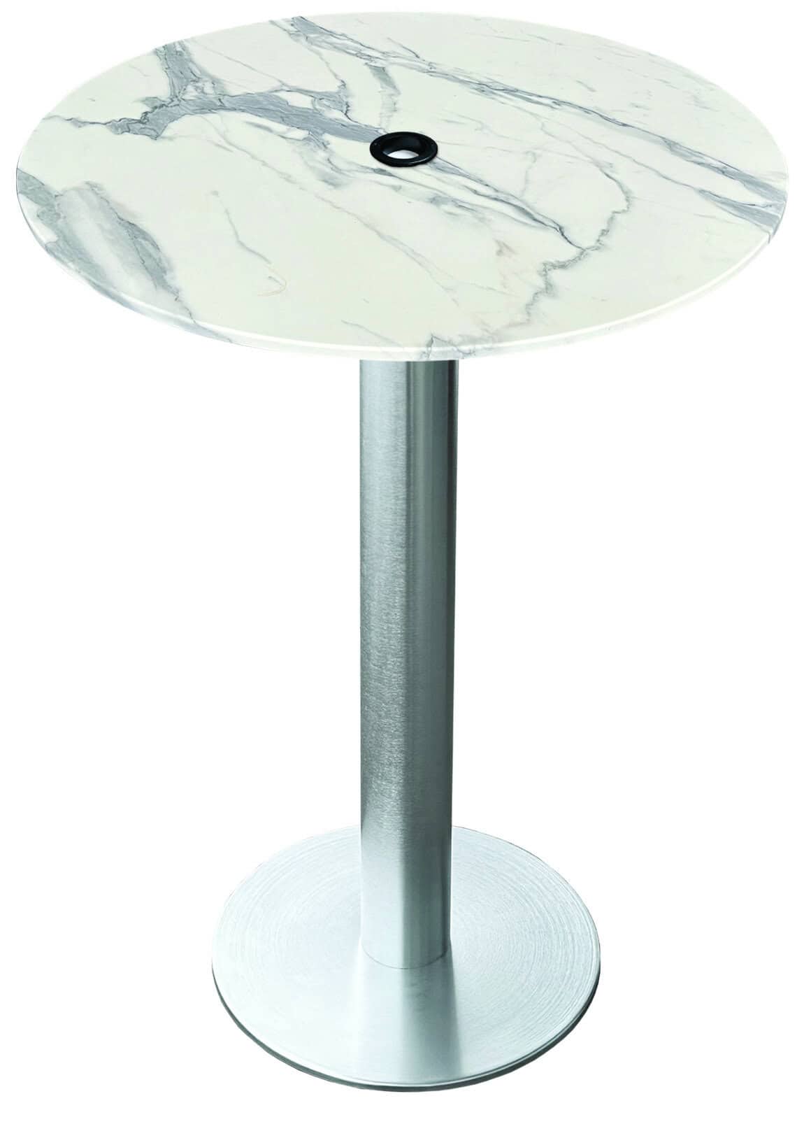 42-inch tall indoor/outdoor table with 36-inch diameter white marble round top with umbrella hole, brushed aluminum base, and 18-inch diameter foot