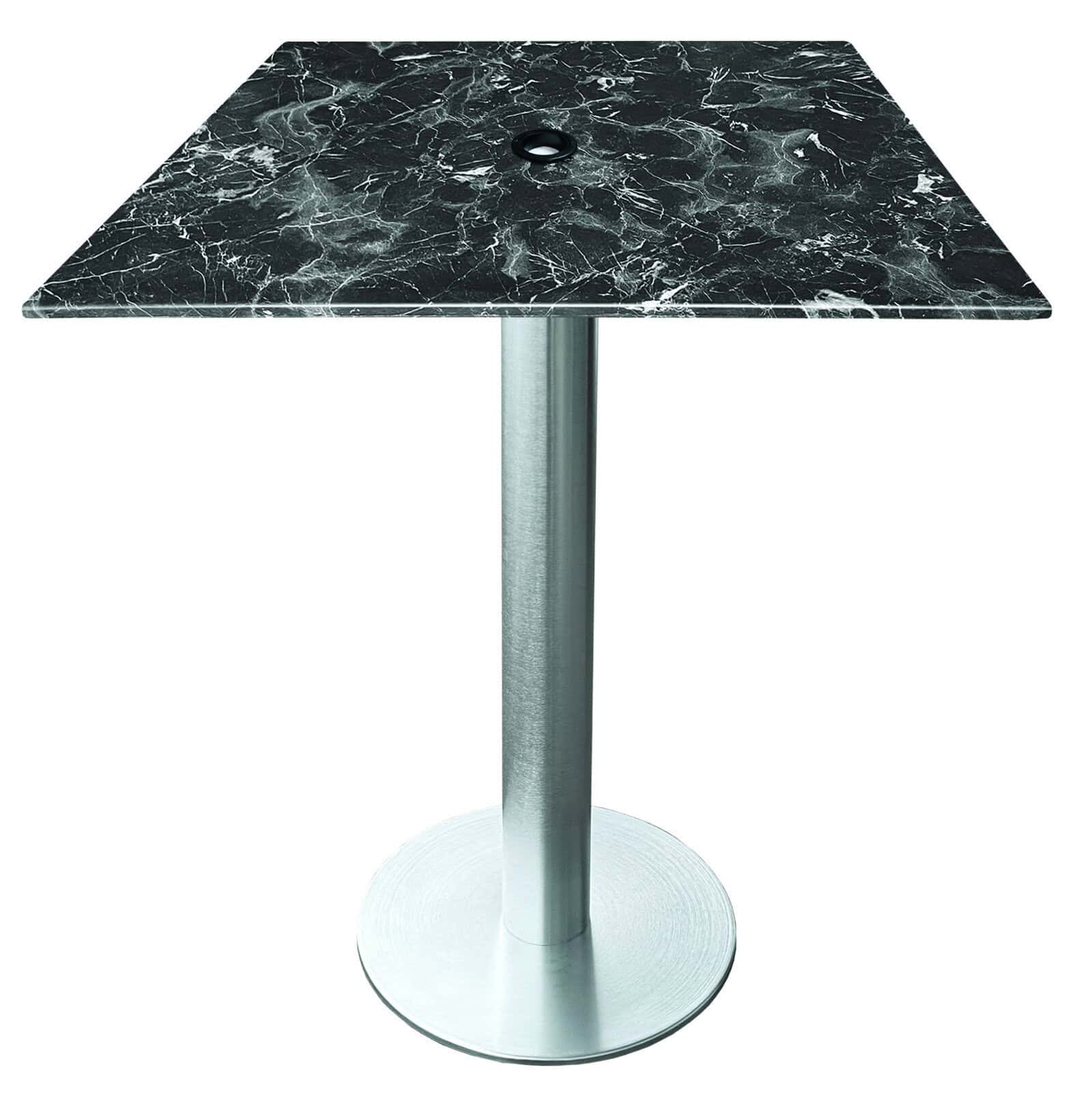 42-inch tall indoor/outdoor table with 32 x 32-inch diameter black marble square top with umbrella hole, brushed aluminum base, and 18-inch diameter foot