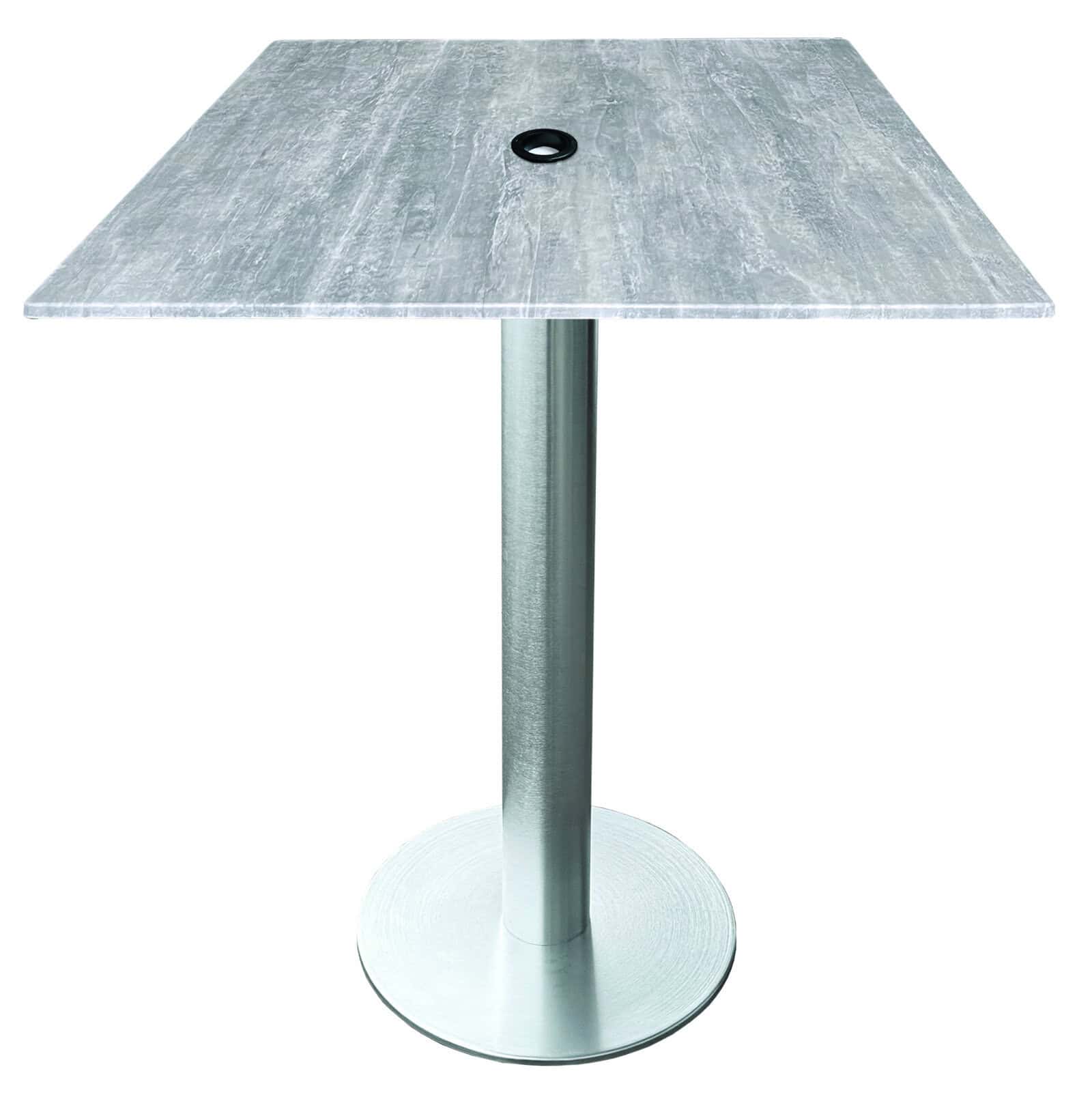 42-inch tall indoor/outdoor table with 32 x 32-inch diameter greystone square top with umbrella hole, brushed aluminum base, and 18-inch diameter foot