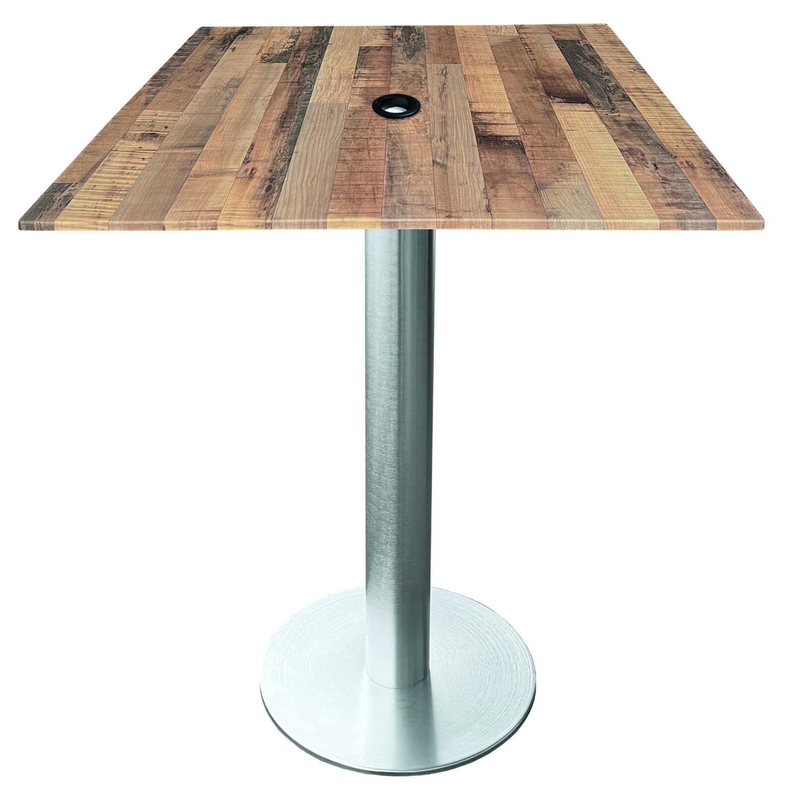 42-inch tall indoor/outdoor table with 36 x 36-inch diameter rustic square top with umbrella hole, brushed aluminum base, and 18-inch diameter foot