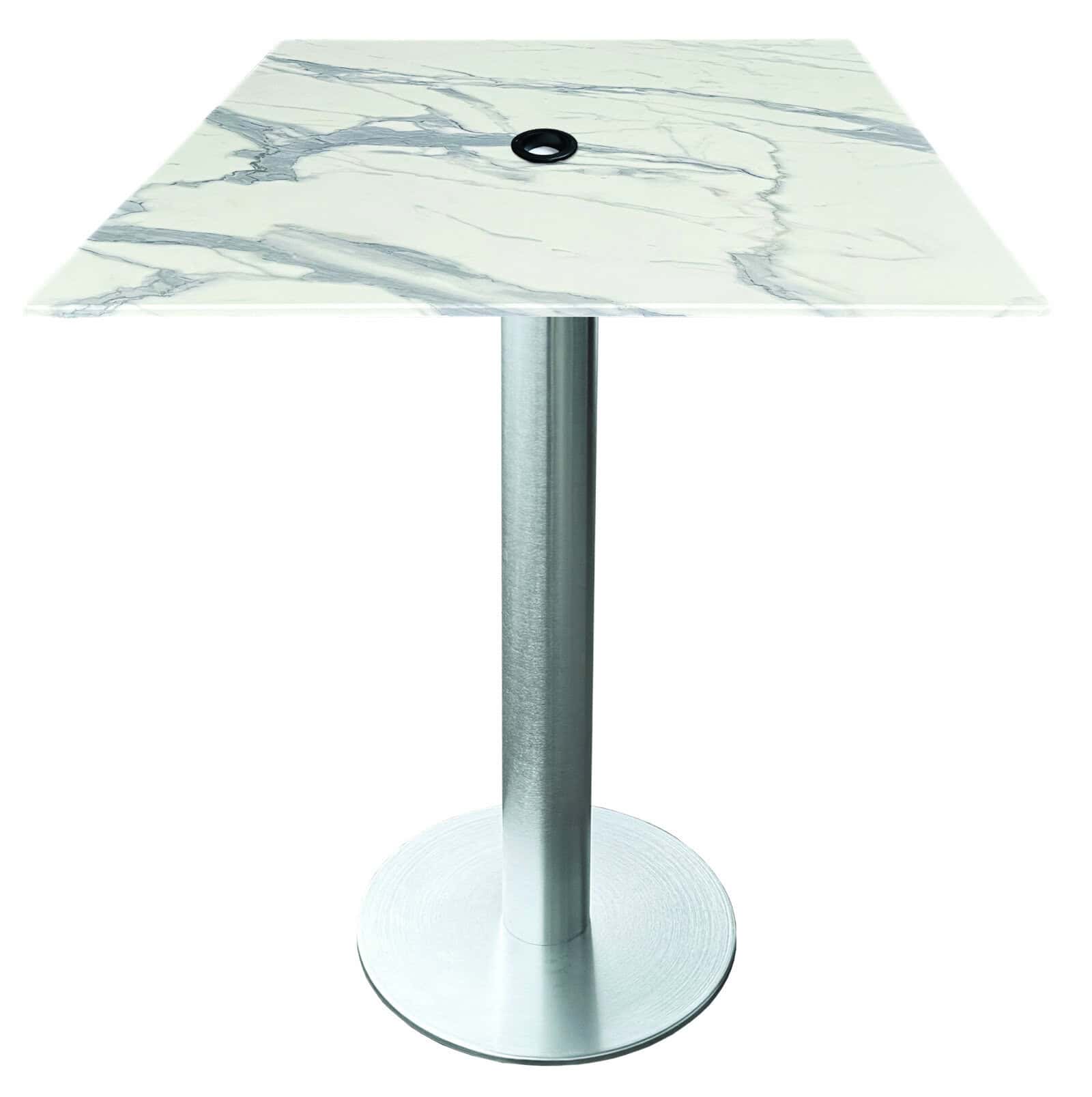 42-inch tall indoor/outdoor table with 32 x 32-inch diameter white marble square top with umbrella hole, brushed aluminum base, and 18-inch diameter foot