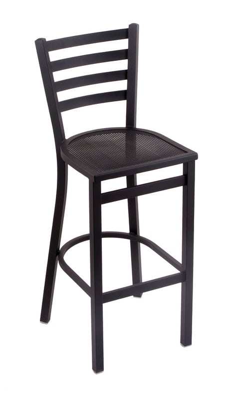 Outdoor 30-Inch Steel Bar Stool with Black Mesh Seat and Ladder Back