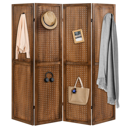 Rustic Pegboard Room Divider with Solid Wood Frame (4-Panel)