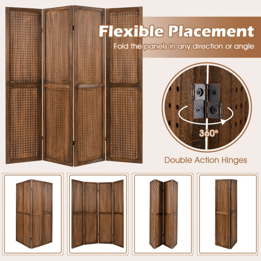 Rustic Pegboard Room Divider with Solid Wood Frame (4-Panel)