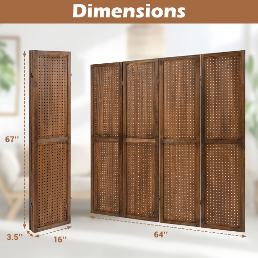 Rustic Pegboard Room Divider with Solid Wood Frame (4-Panel)