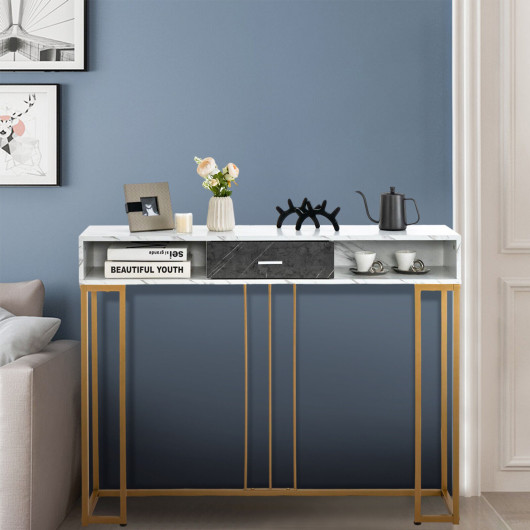 White Faux Marble Console Table with Gold Frame for Living Room