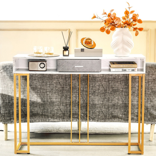 White Faux Marble Console Table with Gold Frame for Living Room
