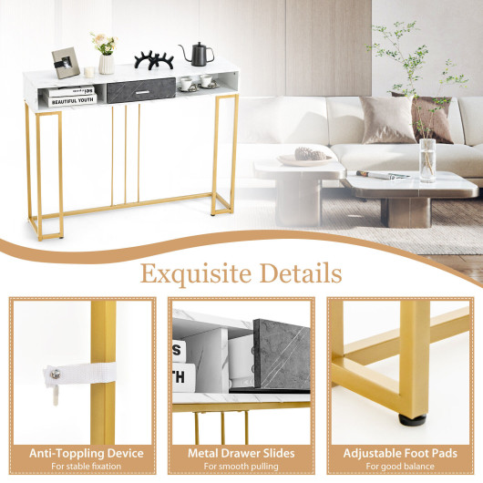 White Faux Marble Console Table with Gold Frame for Living Room