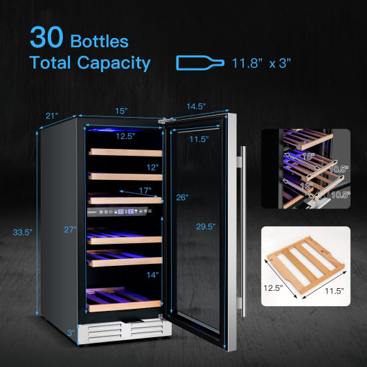 Dual Zone 30-Bottle Wine Cooler with Temperature Memory - Silver - Image 5