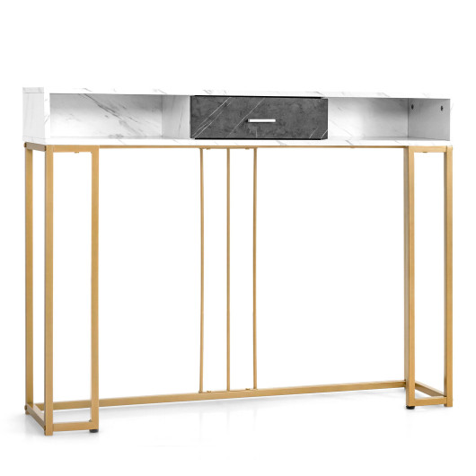 White Faux Marble Console Table with Gold Frame for Living Room