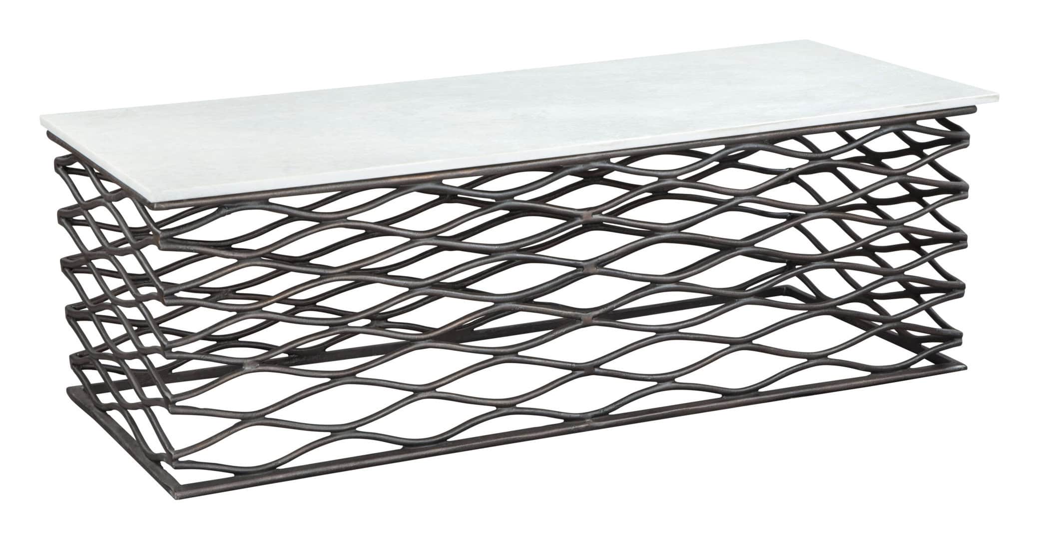 Rectangular Marble Coffee Table with Steel Frame, White & Bronze