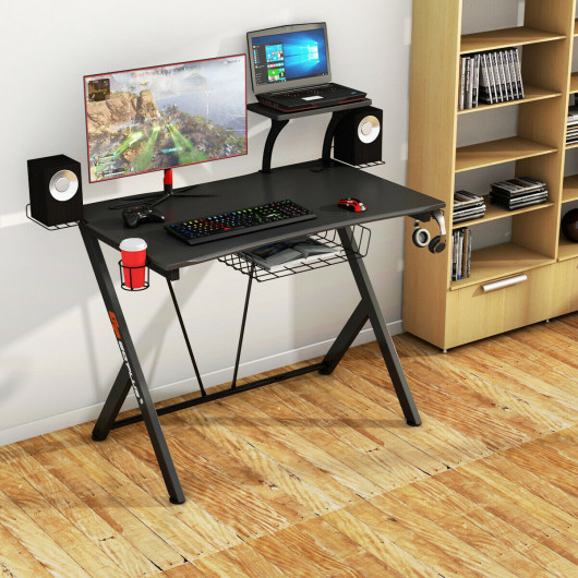 Ergonomic Gaming Desk with Cup Holder, Headphone Hook, and Storage