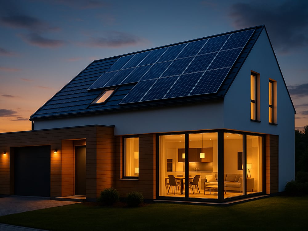 Modernes Haus mit Solaranlage auf dem Dach, beleuchtet bei Sonnenuntergang, zeigt nachhaltige Energielösung und energieeffizientes Wohnen.