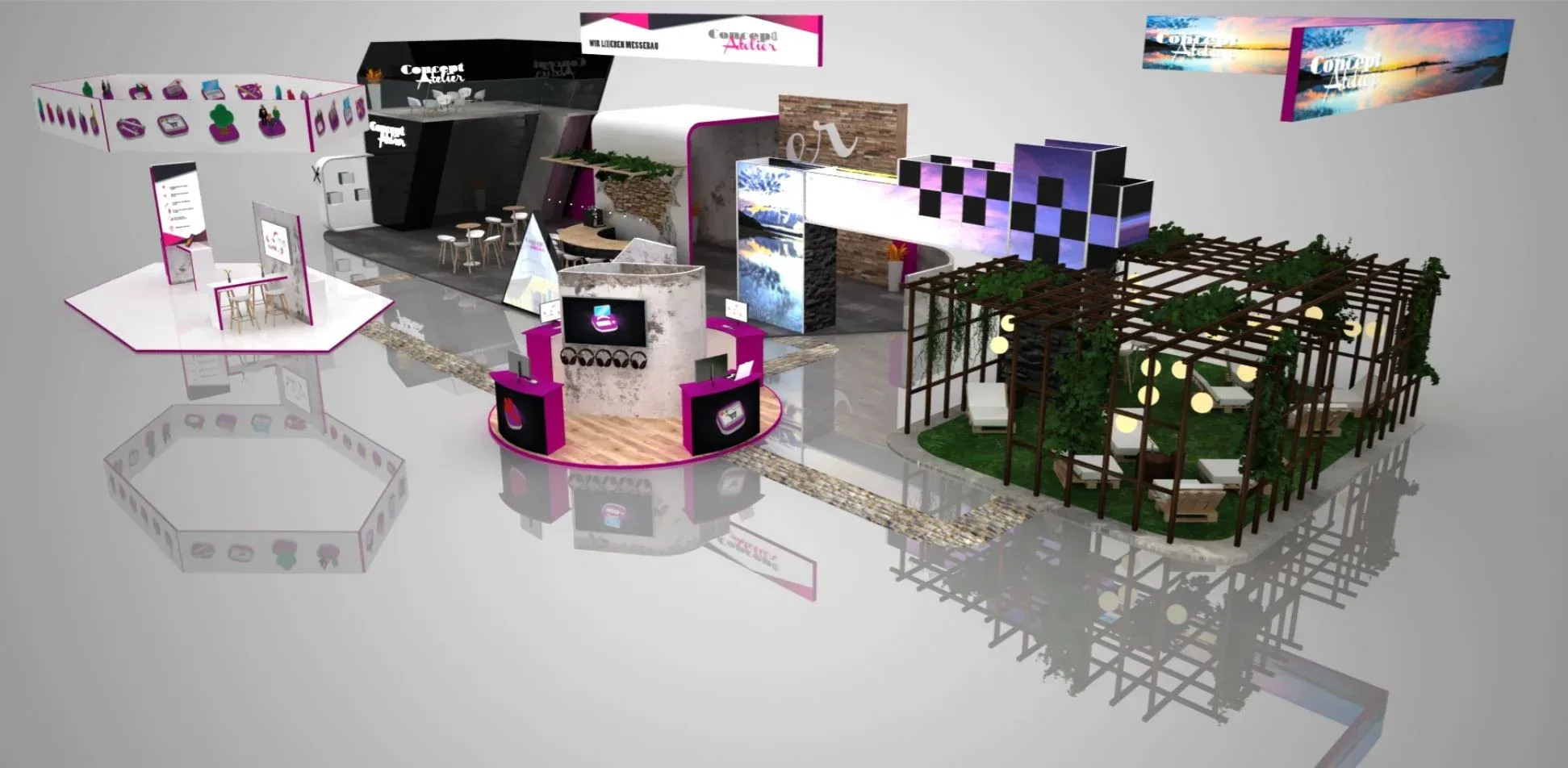 Moderne Messestände mit verschiedenen Zonen, inklusive Sitzgelegenheiten, Präsentationsflächen und interaktiven Elementen, gestaltet für einen ansprechenden Messeauftritt.