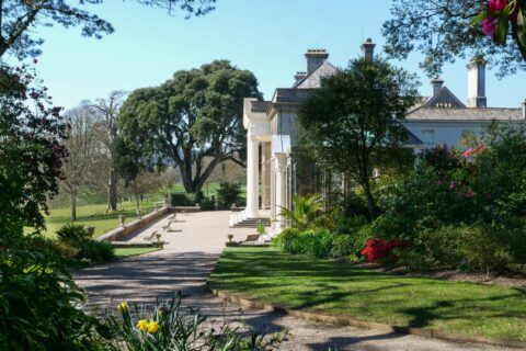 East view of the house in Spring at Trelissick, Cornwall