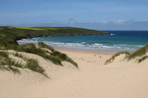Crantock view from rushy green over Crantock beach by National Trust