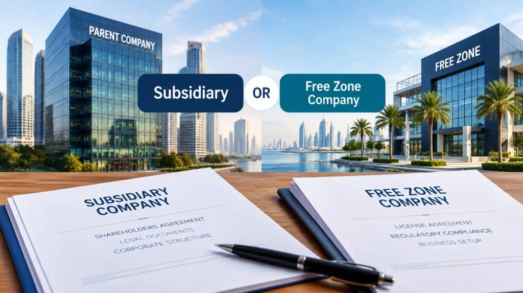 Comparison of subsidiary and free zone company structures in UAE.