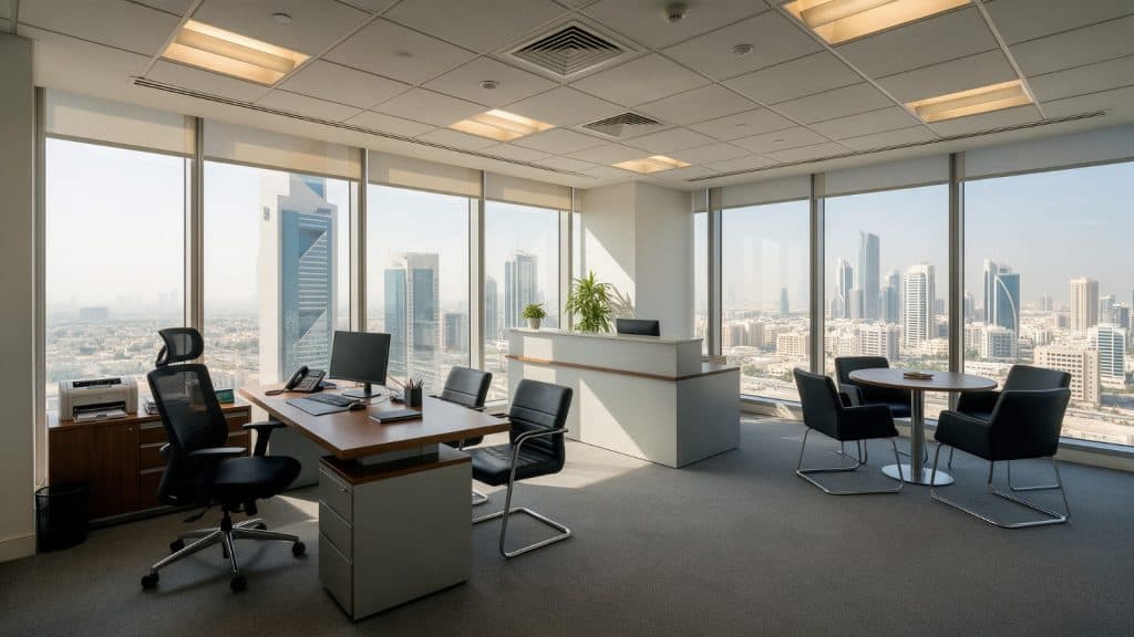 Contemporary office space with large windows overlooking Dubai skyline.