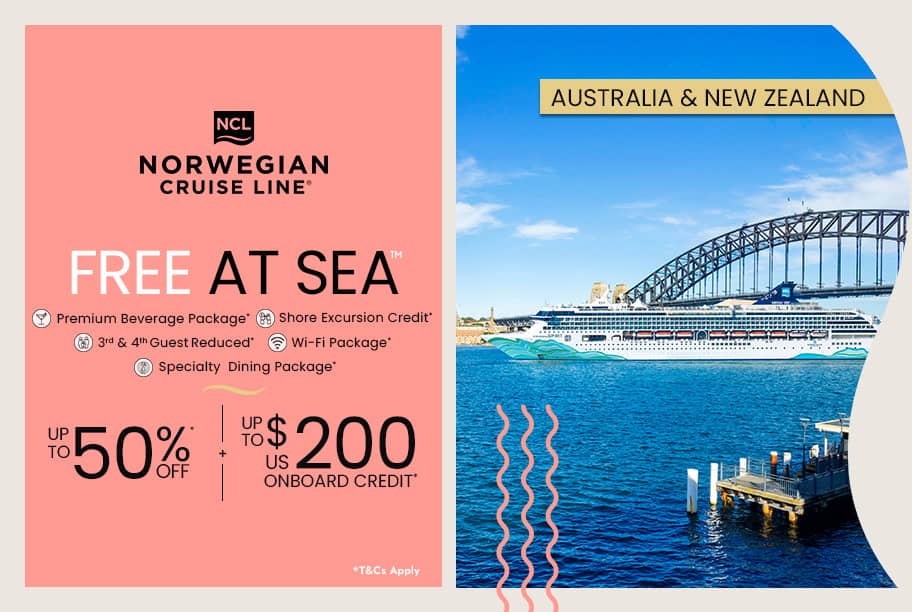 Free At Sea Save Up to 50% + Up to US$200 Onboard Credit*