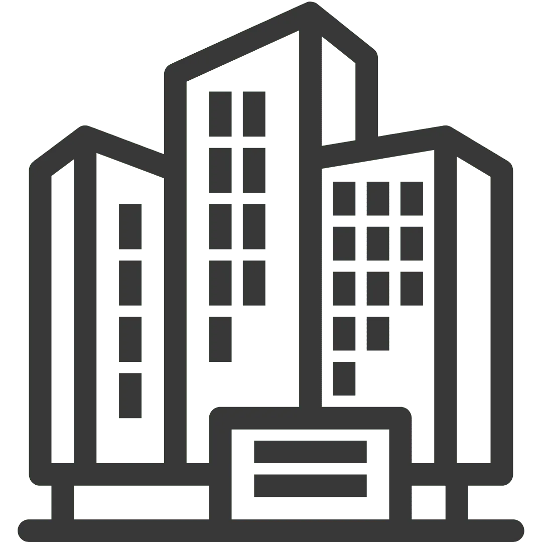 Schwarz-weiße Grafik von mehreren modernen Bürogebäuden mit Fenstern und Eingangsbereich.