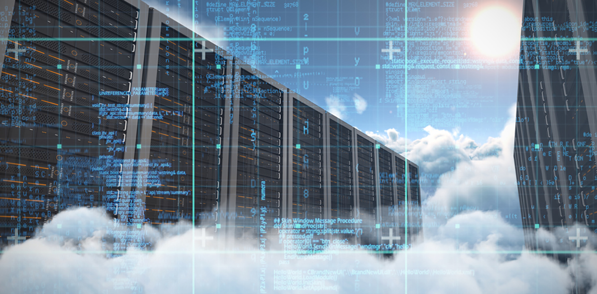 High-tech data center with digital code overlay and cloud computing concept for PMI by d2o.
